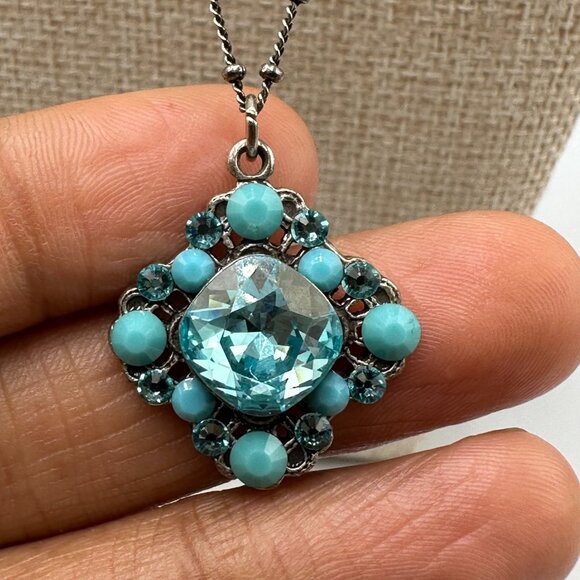 Anne Koplik Designs Necklace Turquoise Blue Rhinestone Pendant Boho Glam Jewelry - Picture 5 of 10